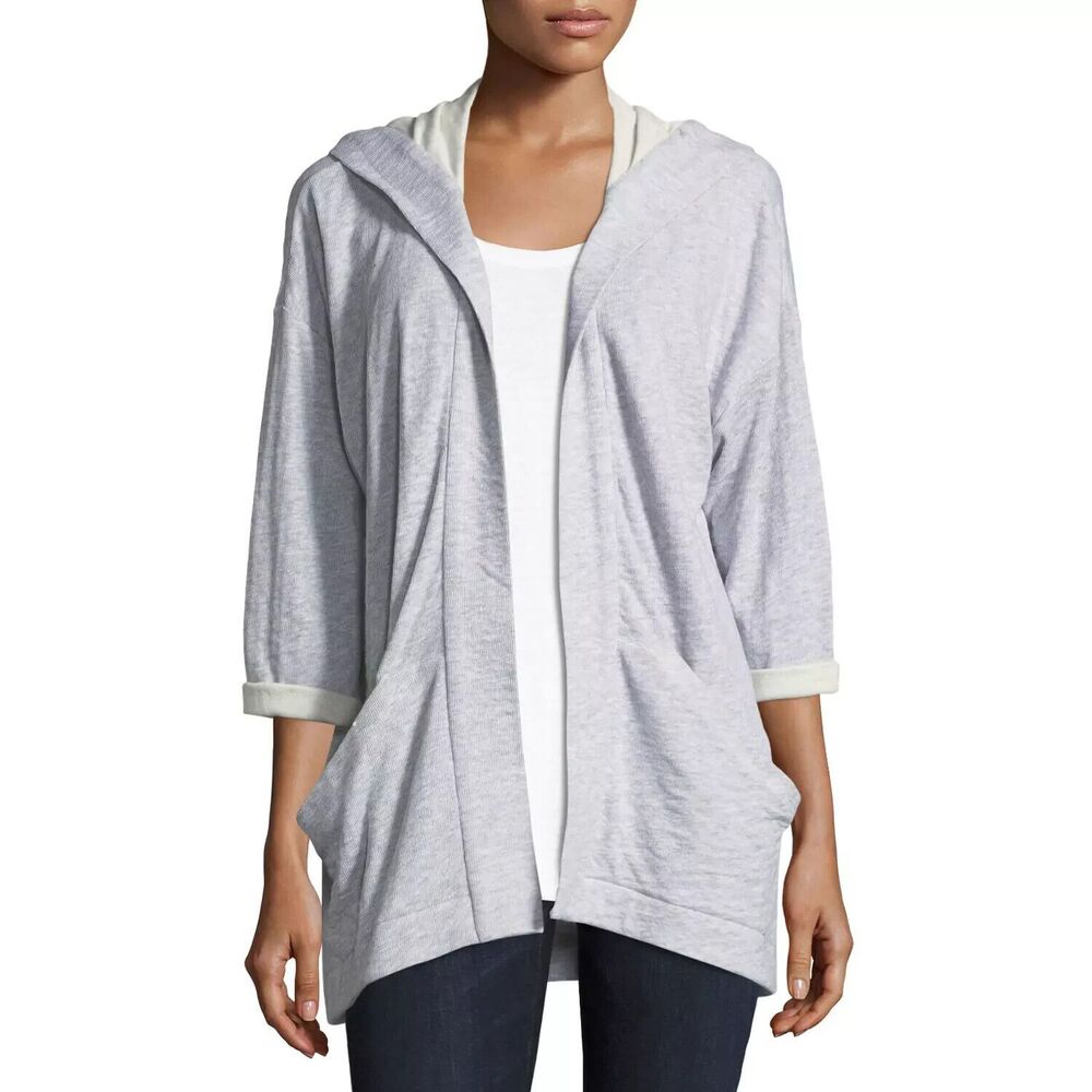 Eileen Fisher Gray Organic Cotton Hooded Open Cardigan Jacket -Size Medium